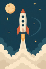 AI-generated flat vector illustration of a retro space rocket launch