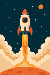 AI-generated flat vector illustration of a retro space rocket launch
