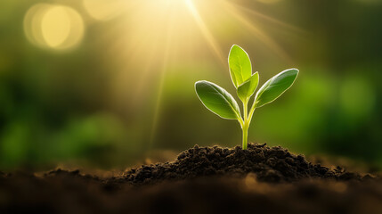 Young Plant Seedling Growing from Black Soil on Blurred Nature Background Banner