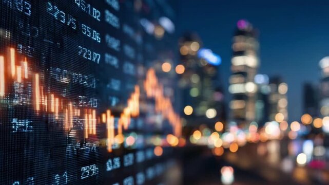 Close-up view of a digital stock ticker displaying financial data showing upward trending orange graphs against a blurred city backdrop at night  Generative AI