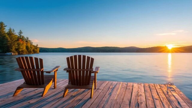 Generative AI Cottage life - Sunrise on two empty Adirondack chairs sitting on a dock on a lake in Muskoka Ontario Canada The sun rays create long shadows on the wooden pier