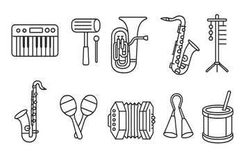 Obraz premium Musical instruments line icon set. saxophone, piano, and more outline collection