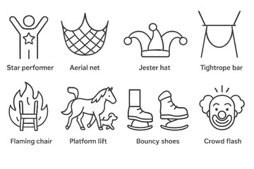 Fototapeta premium Circus and performance outline icon set. circus, acrobat, comedy symbols collection