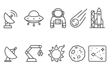 Space exploration line icon set. satellite, ufo, astronaut, rocket, moon, sun icons collection