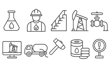 Oil and gas line icon set. petroleum industry equipment linear style collection