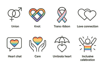 Lgbtq+ pride outline icon set. diverse, inclusive symbols linear collection