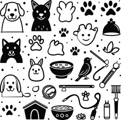 30 black and white line icons featuring pets and animals such as dog, cat, paw print, fish bowl, pet food bowl, bird, pet house, leash, and grooming tools. Use a playful hand-drawn style.eps