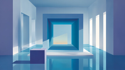 Displaying large hollow rectangular frame resting on blue floor in gallery, with prism and cube. hollow interior. Illustration