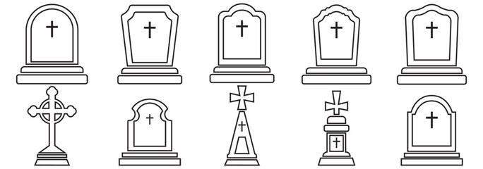 Set of grave vector icons. Gravestone or memorial icon. Vector 10 Eps.