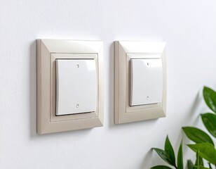Two beige electrical switches on a white wall