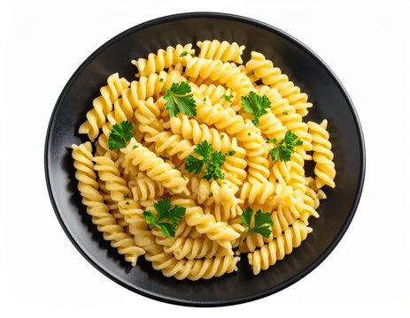 Gemelli with Garlic Butter Sauce Top view of a black ceramic plate