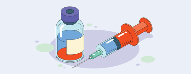 Medical syringe and vial with blue liquid and orange substance on a light background