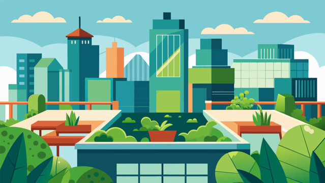 A rooftop garden incorporated into the design of a commercial building providing a green oasis in the midst of a bustling cityscape.. Vector illustration