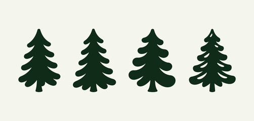 Fototapeta premium Four stylized dark green pine trees on a light cream background