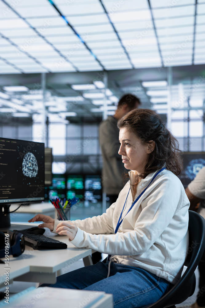 Poster woman working in high tech ai facility providing computing resources for different workloads. system