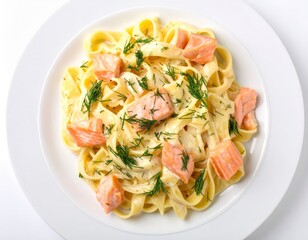 Tagliatelle al Salmone (Smoked Salmon Tagliatelle) Top view of a black ceramic plate