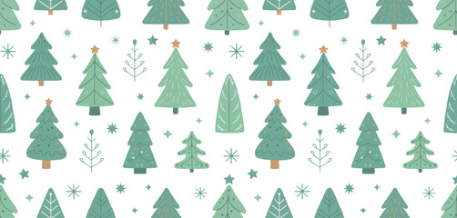 Seamless pattern of cute green christmas trees and stars on a white background