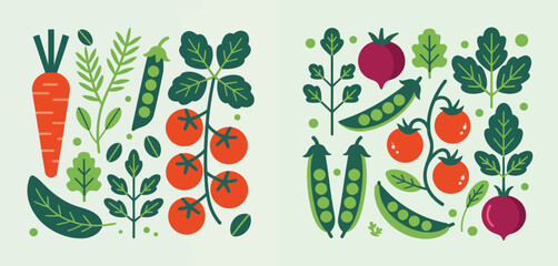 Stylized flat design of fresh vegetables including carrots tomatoes peas and beets