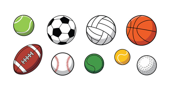 Collection of diverse sports balls including soccer basketball tennis baseball football volleyball and golf - Powered by Adobe