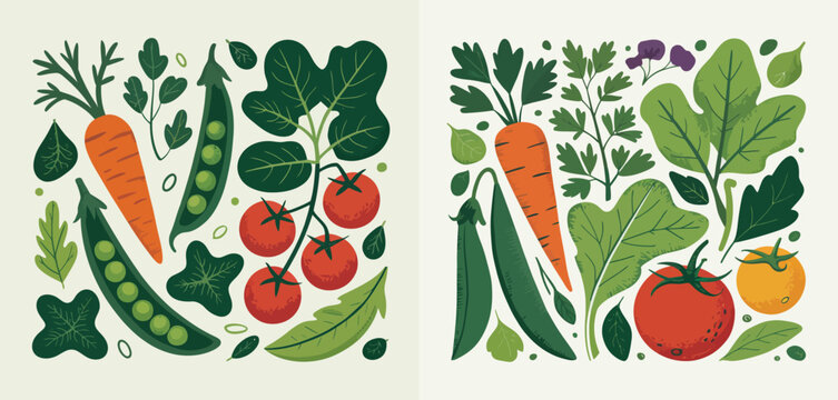 Vibrant fresh vegetables arranged in a whimsical flat design style