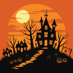 Spooky halloween scene with haunted houses pumpkins and a full moon