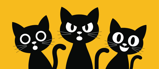 Fototapeta premium Three black cats with big eyes and different expressions on a yellow background