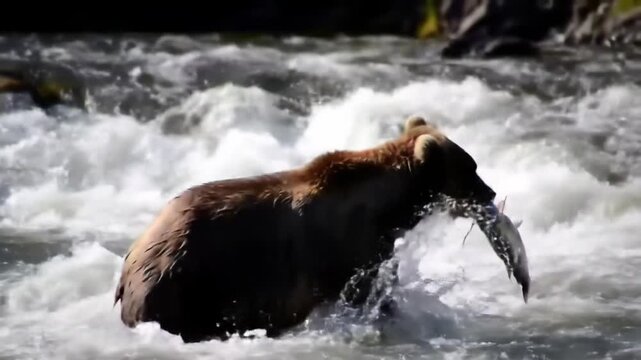 Brown bear wading through a rushing river on a hunt
