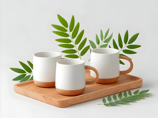 bouquet of green plants and branches with leaves in white mugs and glasses on white background isolated, for stylish kitchen interior design