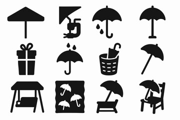 Umbrellas and beach solid icon set. summer, gifts, furniture silhouettes collection