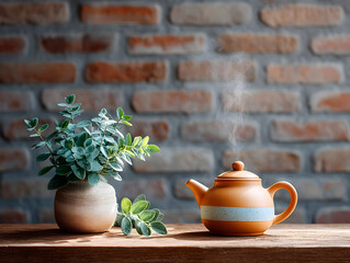 antique clay teapot stands on the table and boils, hot steam, tea party