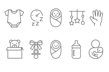 Baby care linear icon set. newborn essentials, infant care, parenting, minimal style