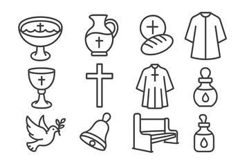 Christianity outline icon set. symbols of faith in line art for religious use