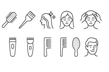 Haircare and styling line icon set. shampoo, brush, salon, beauty linear collection