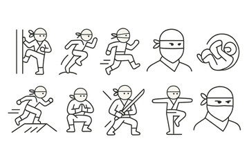 Ninja characters outline icon set. martial arts, action poses, stealth icons outline style