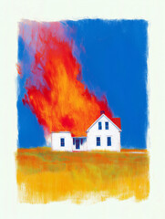 housing: midwestern farmhouse burning down against blue sky