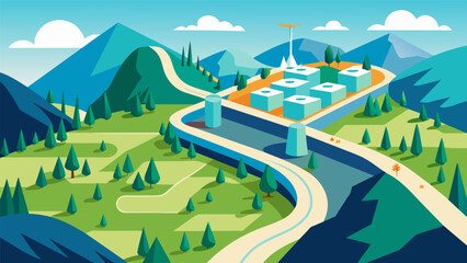 An aerial viewpoint revealing the magnitude of the project as it stretches far and wide seamlessly merging with the natural surroundings.. Vector illustration