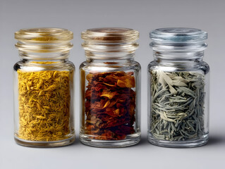 Glass transparent jars with medicinal useful herbs, seasonings and spices, jar with lids for stylish kitchen design, home cooking, salt, seasoning, aromatic herbs for baking