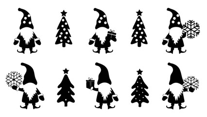 Naklejka premium Christmas Gnome Silhouette Bundle with Gifts, Trees, Snowflakes, Holiday Decor Cut Files