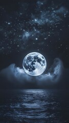 Luminous moon over dark ocean waves full moon water