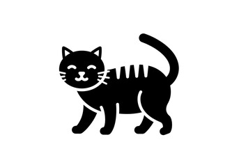 Smiling Cat Silhouette &ndash; Minimalist Black and White Vector of Striped Feline with Curved Tail
