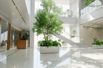 Modern office building lobby with indoor trees and plants
