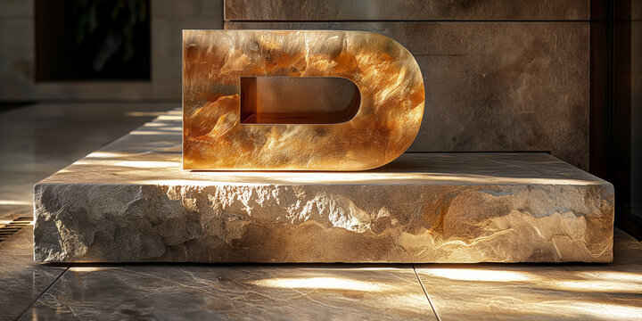Golden stone reflecting soft sunlight. Sculpted letter D in polished marble setting. Perfect for branding visuals, signage concepts, or architectural design themes.