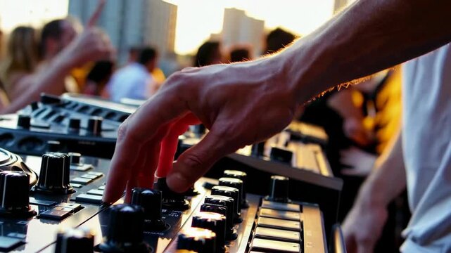Dj mixing beats at sunset rooftop party capturing vibrant energy and dynamic atmosphere