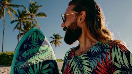 Joyful surfer with long hair smiling and holding surfboard on tropical beach