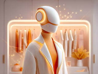 Sleek humanoid robot wearing trendy clothing browsing digital wardrobe, standing inside minimalist high-tech bedroom with innovative design features