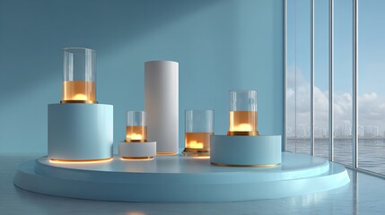3D Render of Modern Minimal Pedestals with Glass Highlights and Soft Warm Light in a Pale Blue Studio Scene