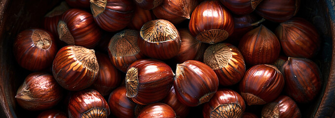 Flat lay arrangement of fresh chestnuts on a rustic wooden background, showcasing their glossy texture and natural beauty, ideal for seasonal designs and culinary themes