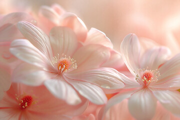 Delicate pink flowers with soft petals and vibrant centers create a serene atmosphere, showcasing the beauty of nature in a close-up floral composition