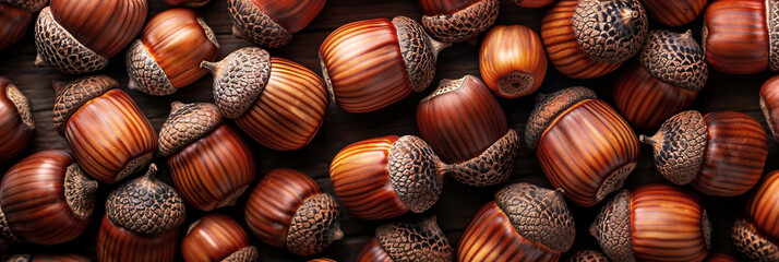 Acorns in various shades of brown and orange arranged in a flat lay background, showcasing natural textures and organic shapes, perfect for web banner design