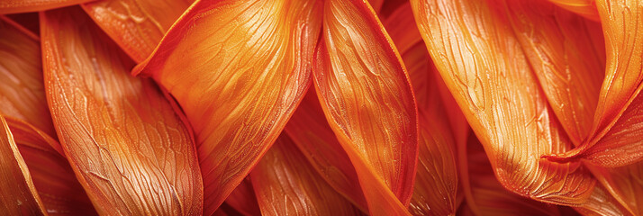 Vibrant orange petal flat lay background with intricate textures, ideal for web banners and design projects, showcasing natural beauty and elegance
